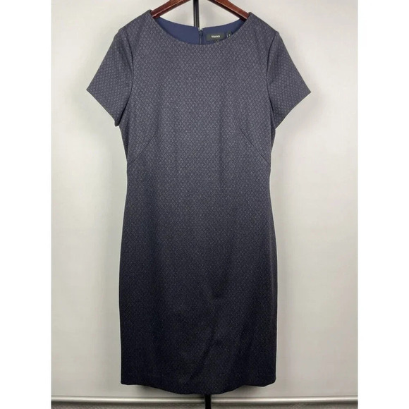 Theory Women Betty Short Sleeve Dashed Navy Blue Sheath Career Knit Dress Sz 10 - Picture 1 of 6